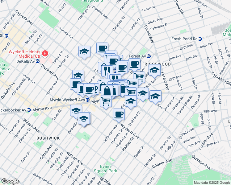 map of restaurants, bars, coffee shops, grocery stores, and more near 1684 Woodbine Street in Queens