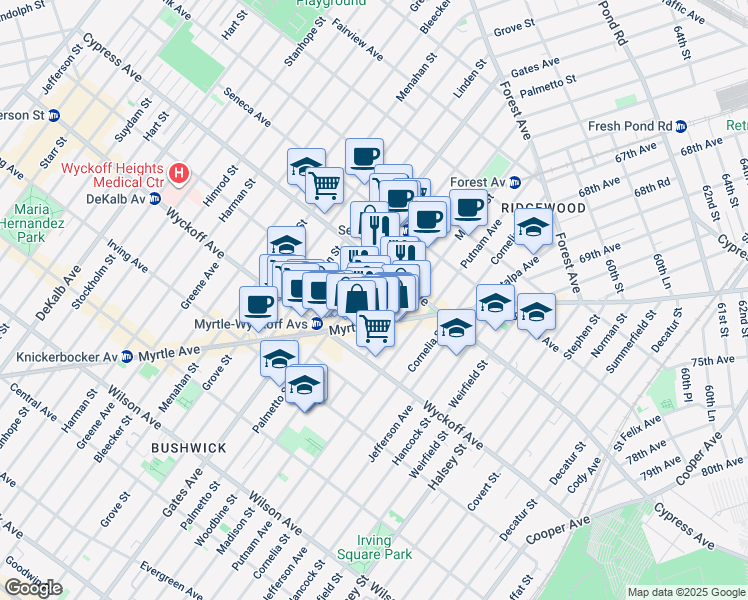 map of restaurants, bars, coffee shops, grocery stores, and more near 1645 Palmetto Street in Queens