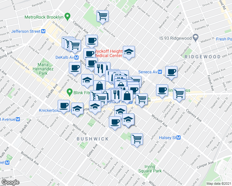 map of restaurants, bars, coffee shops, grocery stores, and more near in Brooklyn