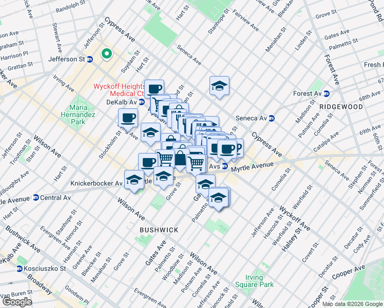 map of restaurants, bars, coffee shops, grocery stores, and more near in Brooklyn