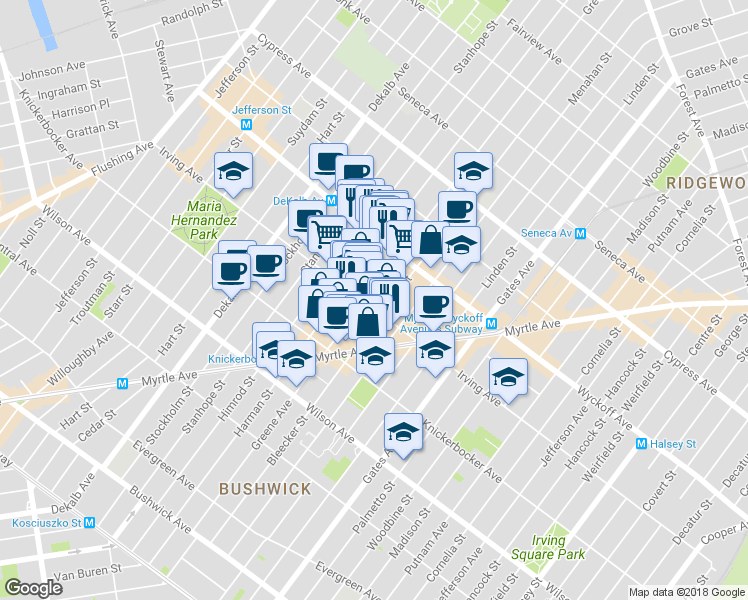 map of restaurants, bars, coffee shops, grocery stores, and more near 1395 Greene Avenue in Brooklyn