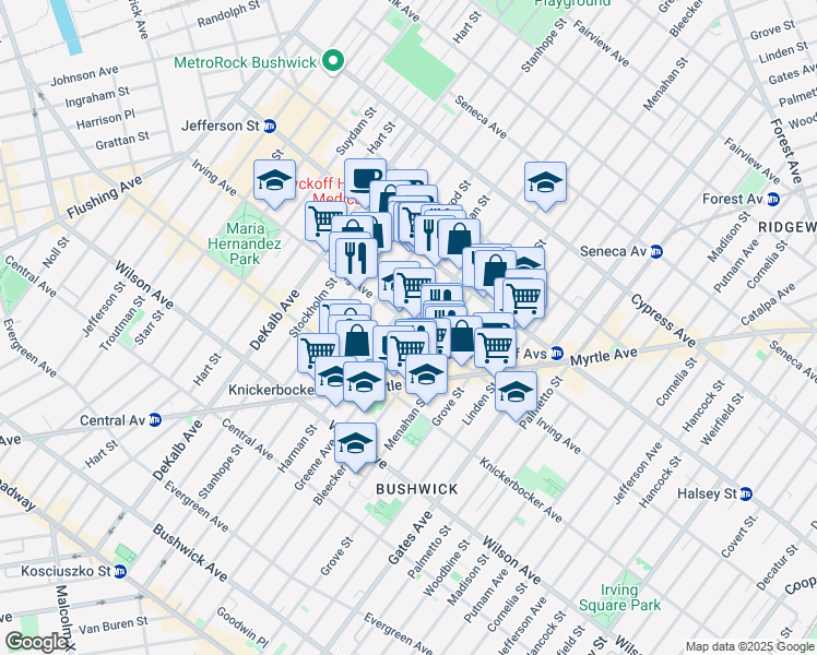 map of restaurants, bars, coffee shops, grocery stores, and more near 1395 Greene Avenue in Brooklyn