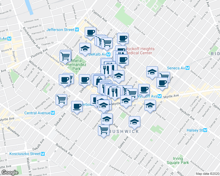 map of restaurants, bars, coffee shops, grocery stores, and more near 200 Irving Avenue in Brooklyn