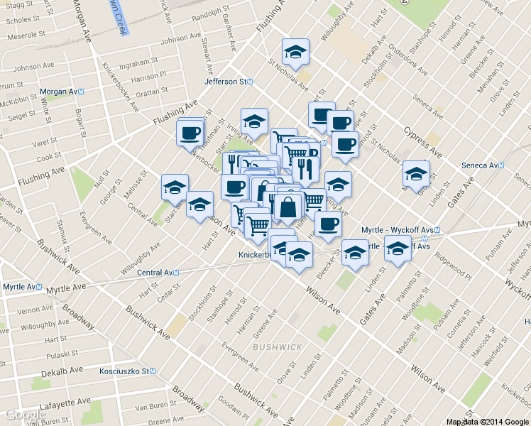 map of restaurants, bars, coffee shops, grocery stores, and more near in Brooklyn