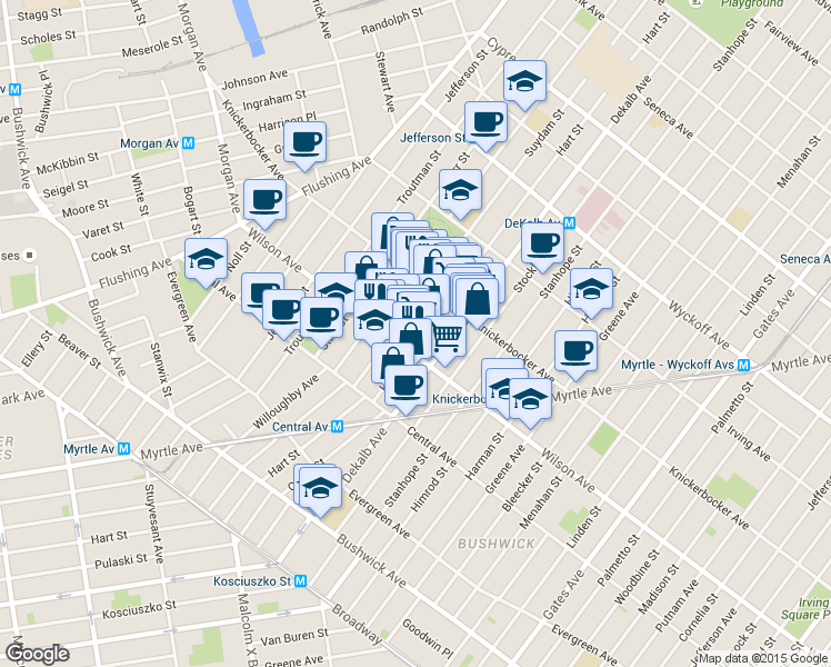 map of restaurants, bars, coffee shops, grocery stores, and more near 228 Suydam Street in Brooklyn