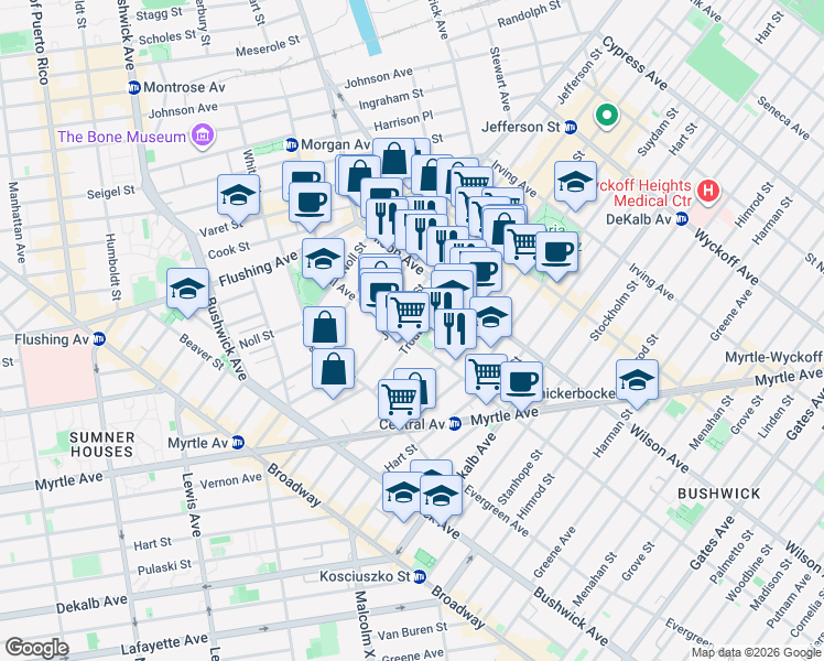 map of restaurants, bars, coffee shops, grocery stores, and more near 174 Jefferson Street in Brooklyn
