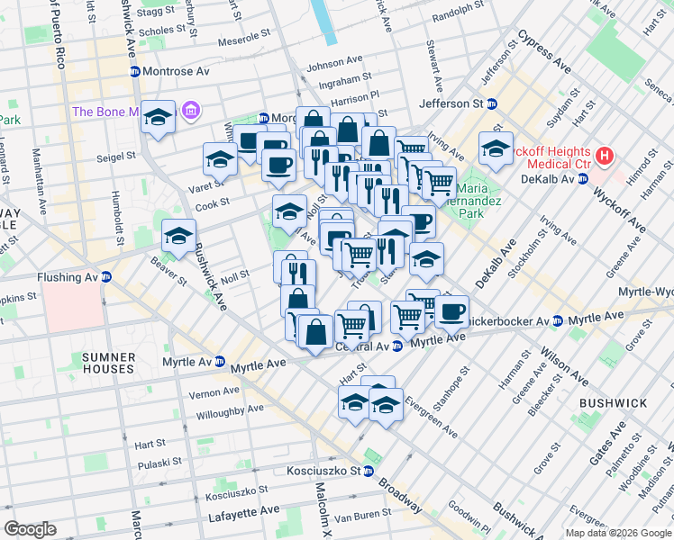 map of restaurants, bars, coffee shops, grocery stores, and more near 69 Melrose Street in Brooklyn