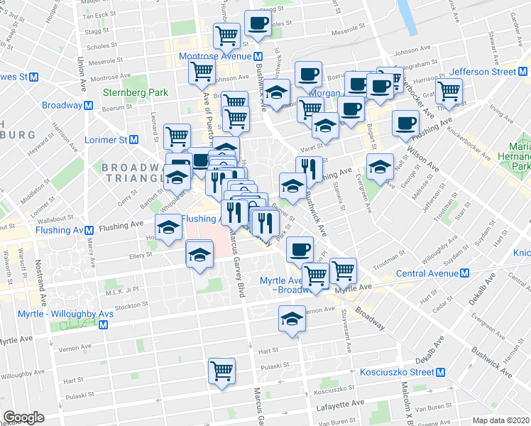 map of restaurants, bars, coffee shops, grocery stores, and more near 39 Fayette Street in Brooklyn