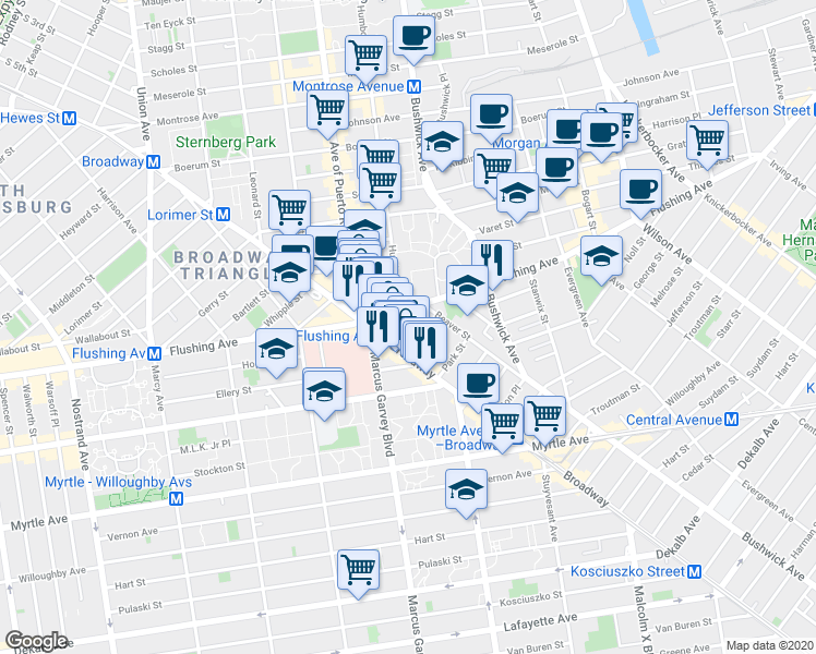 map of restaurants, bars, coffee shops, grocery stores, and more near 39 Fayette Street in Brooklyn