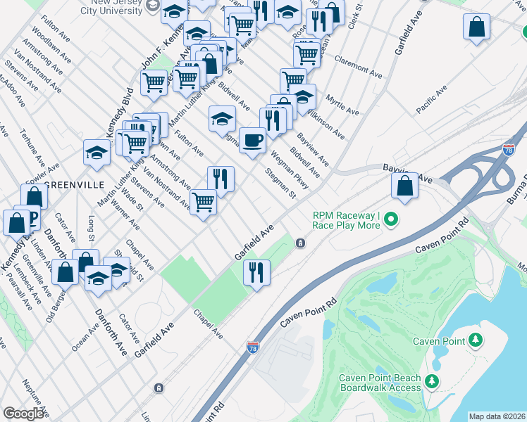 map of restaurants, bars, coffee shops, grocery stores, and more near 17 Bayside Place in Jersey City