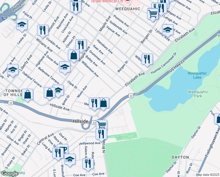 map of restaurants, bars, coffee shops, grocery stores, and more near 45 Williamson Avenue in Hillside