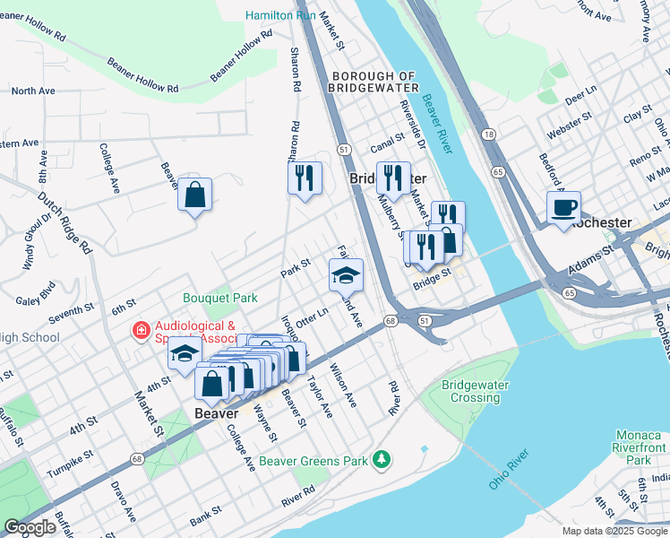 map of restaurants, bars, coffee shops, grocery stores, and more near 460 East End Avenue in Beaver