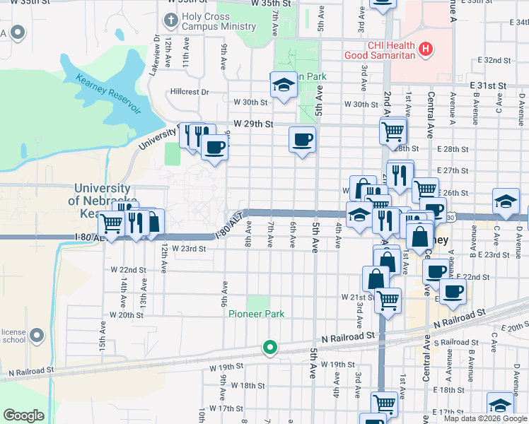 map of restaurants, bars, coffee shops, grocery stores, and more near 2510 7th Avenue in Kearney