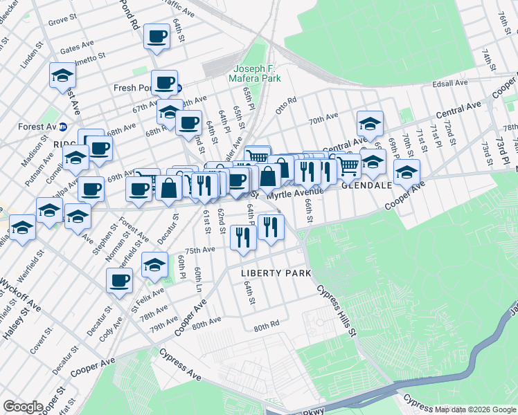 map of restaurants, bars, coffee shops, grocery stores, and more near 64 Myrtle Avenue in Queens