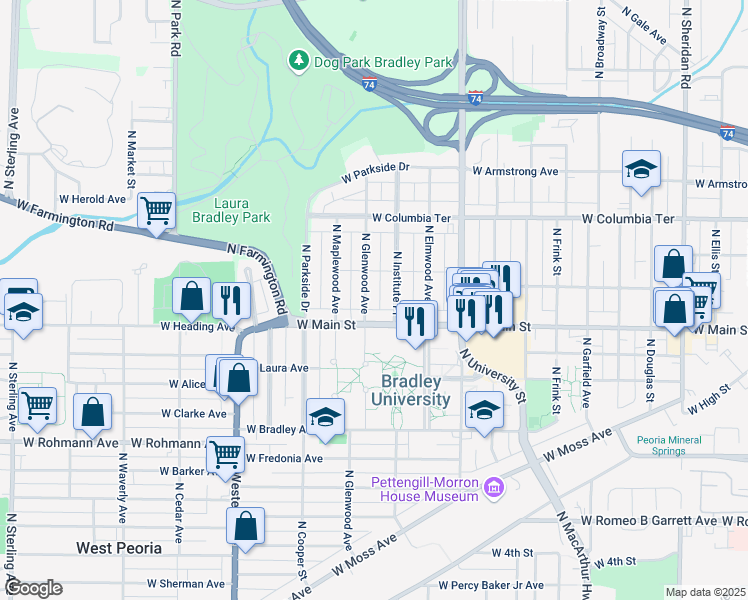 map of restaurants, bars, coffee shops, grocery stores, and more near 1025 North Glenwood Avenue in Peoria