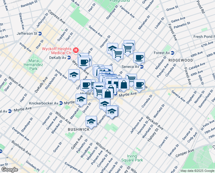 map of restaurants, bars, coffee shops, grocery stores, and more near 401 Linden Street in Brooklyn