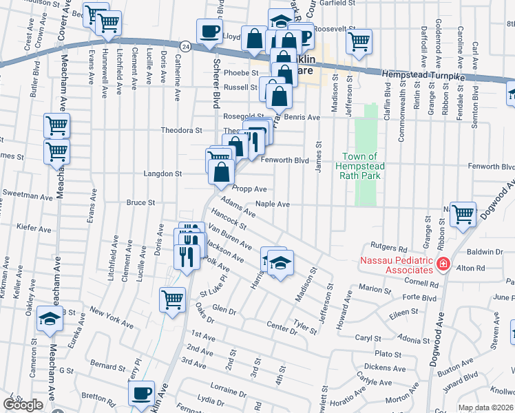map of restaurants, bars, coffee shops, grocery stores, and more near 1028 Naple Avenue in Franklin Square