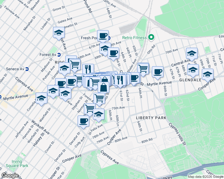 map of restaurants, bars, coffee shops, grocery stores, and more near 60-63 Myrtle Avenue in Queens