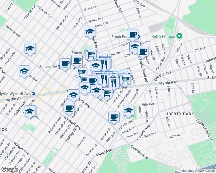 map of restaurants, bars, coffee shops, grocery stores, and more near 58-2 Myrtle Avenue in Queens