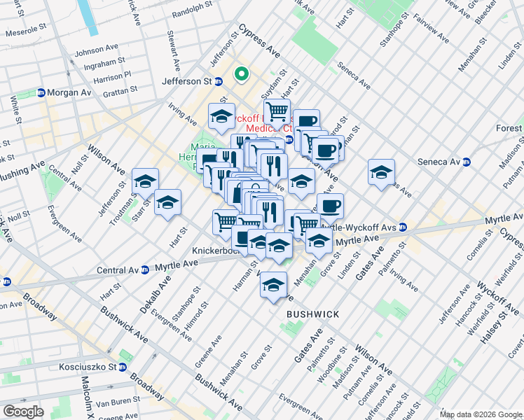 map of restaurants, bars, coffee shops, grocery stores, and more near 234B Stanhope Street in Brooklyn