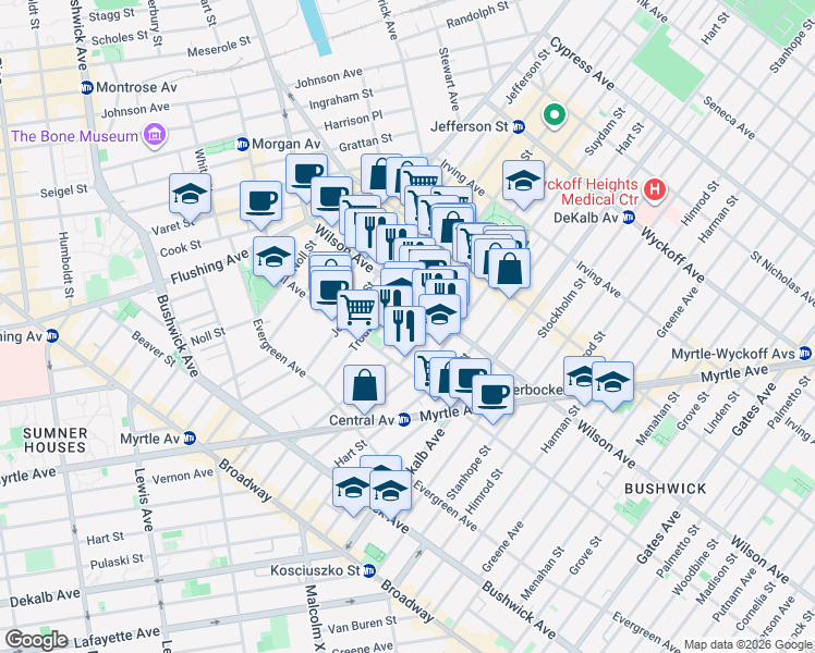 map of restaurants, bars, coffee shops, grocery stores, and more near in Brooklyn