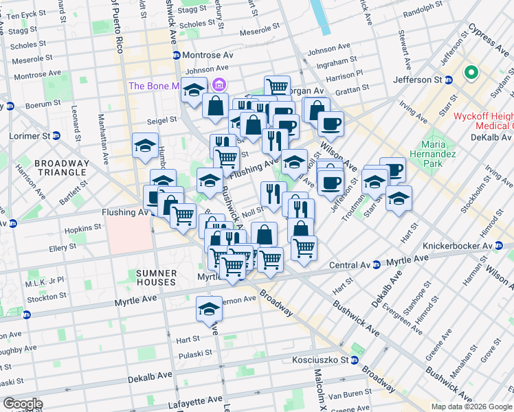 map of restaurants, bars, coffee shops, grocery stores, and more near 40 Forrest Street in Brooklyn