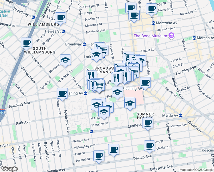 map of restaurants, bars, coffee shops, grocery stores, and more near 39 Bartlett Street in Brooklyn