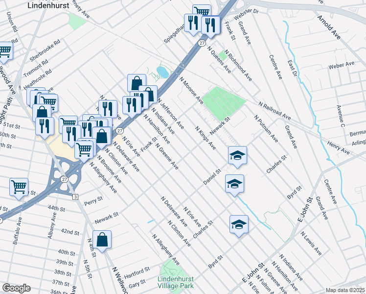 map of restaurants, bars, coffee shops, grocery stores, and more near 645 North Indiana Avenue in Lindenhurst