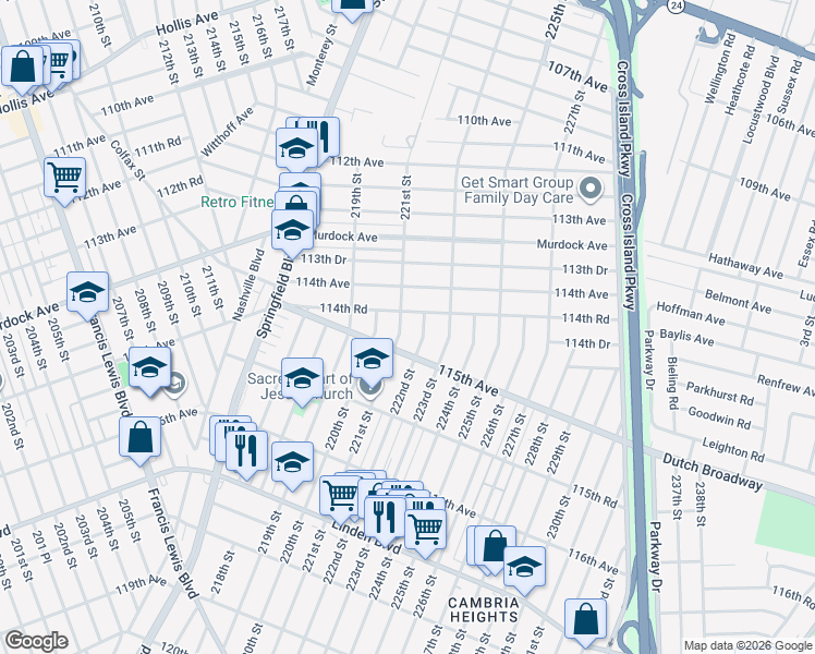map of restaurants, bars, coffee shops, grocery stores, and more near 221-20 114th Road in Queens
