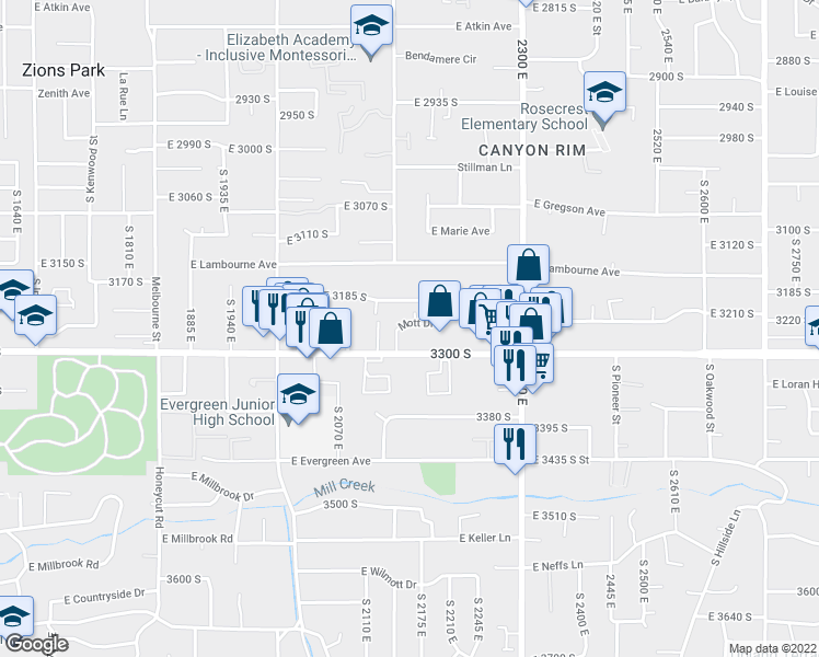 map of restaurants, bars, coffee shops, grocery stores, and more near 2162 East Mott Drive in Salt Lake City