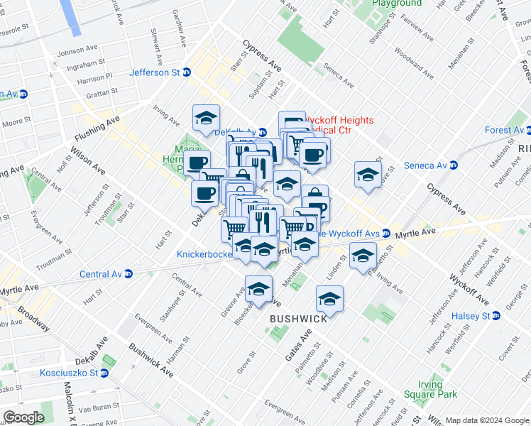 map of restaurants, bars, coffee shops, grocery stores, and more near 268 Himrod Street in Brooklyn
