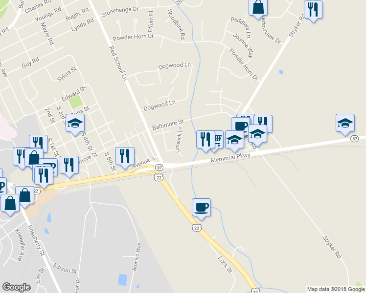 map of restaurants, bars, coffee shops, grocery stores, and more near 115 Limerick Lane in Phillipsburg