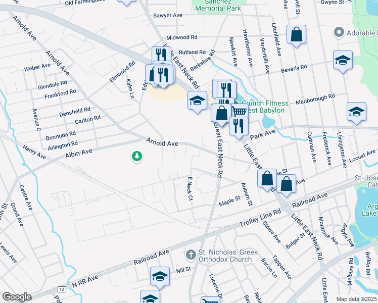 map of restaurants, bars, coffee shops, grocery stores, and more near 405 Kings Court in West Babylon