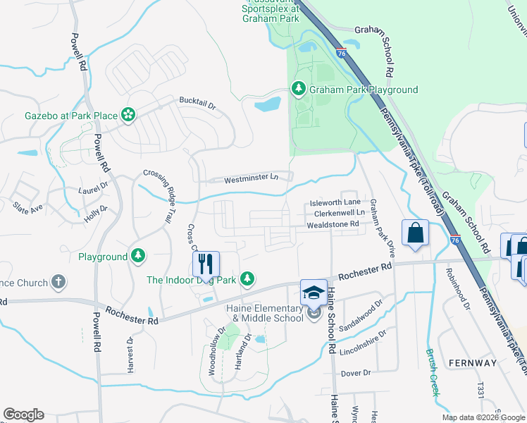 map of restaurants, bars, coffee shops, grocery stores, and more near 517 Paddington Lane in Cranberry Township
