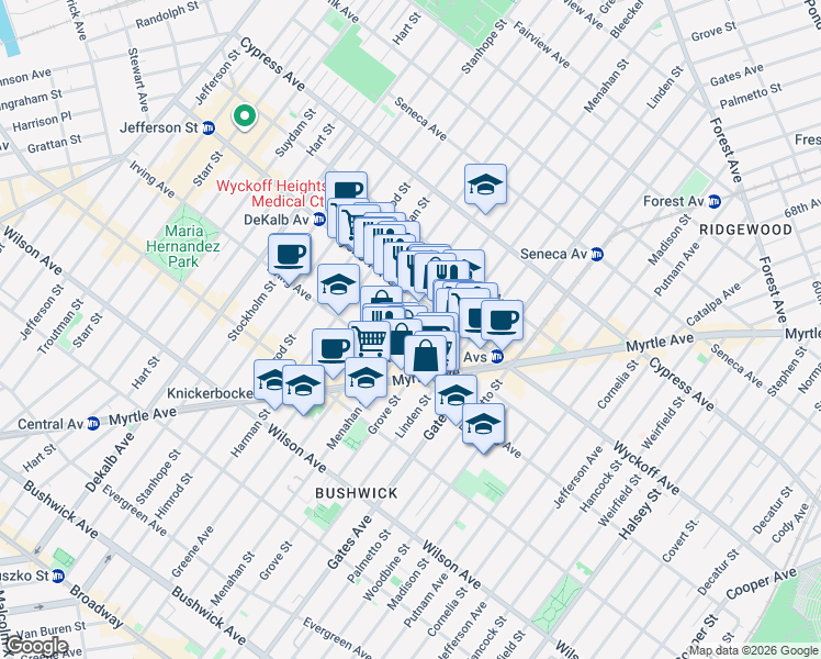 map of restaurants, bars, coffee shops, grocery stores, and more near 329 Menahan Street in Kings County