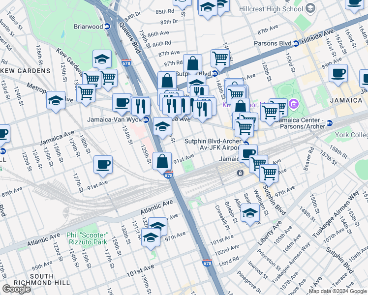 map of restaurants, bars, coffee shops, grocery stores, and more near 90-18 138th Place in Queens