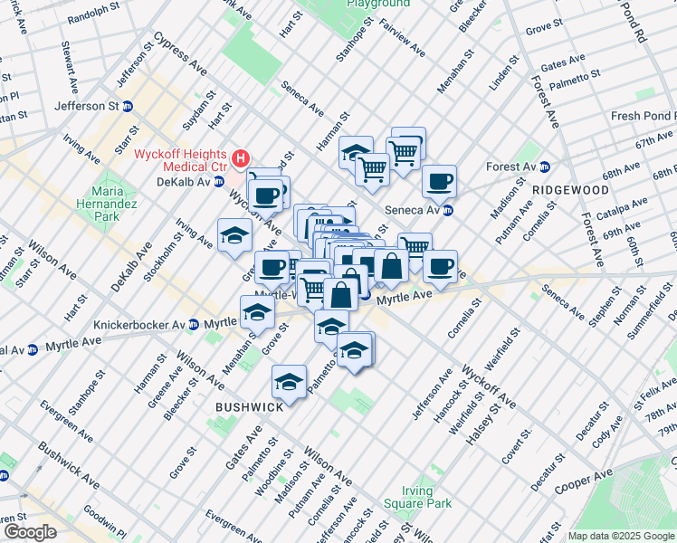 map of restaurants, bars, coffee shops, grocery stores, and more near 401 Linden Street in Brooklyn