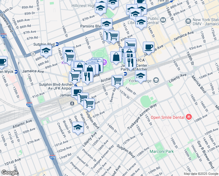 map of restaurants, bars, coffee shops, grocery stores, and more near 151-03 94th Avenue in Queens