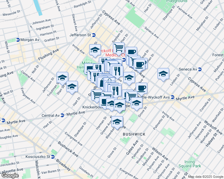 map of restaurants, bars, coffee shops, grocery stores, and more near 234B Stanhope Street in Brooklyn
