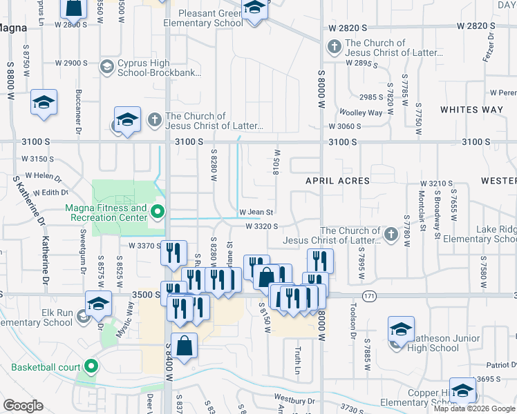 map of restaurants, bars, coffee shops, grocery stores, and more near 8135 West Meadow Vista Court in Magna
