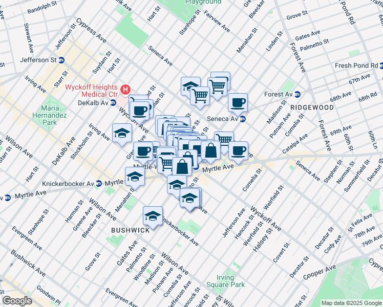 map of restaurants, bars, coffee shops, grocery stores, and more near 401 Linden Street in Brooklyn