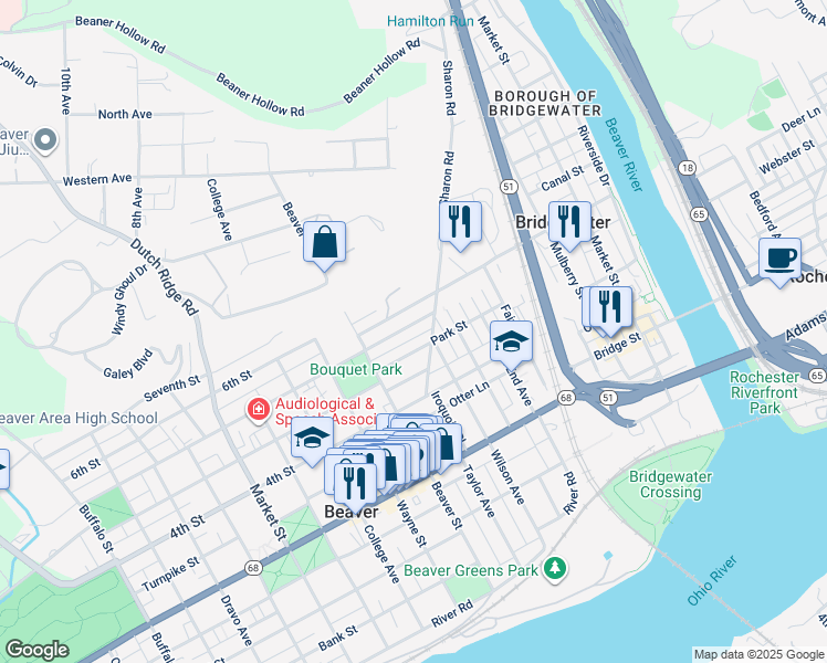 map of restaurants, bars, coffee shops, grocery stores, and more near 328 5th Street in Beaver