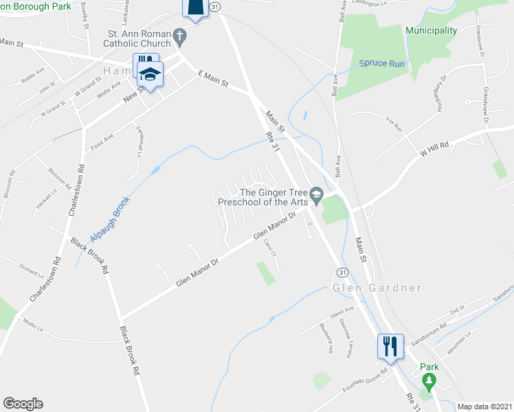 map of restaurants, bars, coffee shops, grocery stores, and more near 1113 Spruce Hills Drive in Glen Gardner
