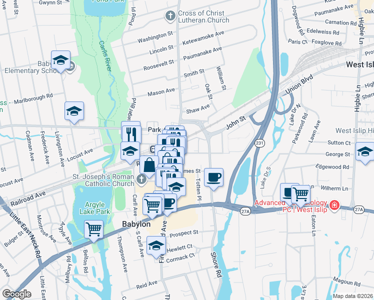 map of restaurants, bars, coffee shops, grocery stores, and more near 28 Greenmeadow Drive in Babylon