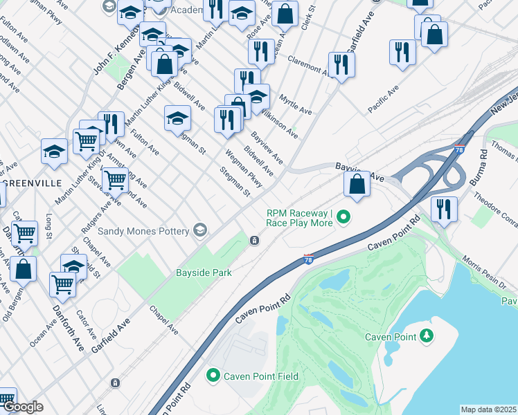 map of restaurants, bars, coffee shops, grocery stores, and more near 18 Vreeland Terrace in Jersey City