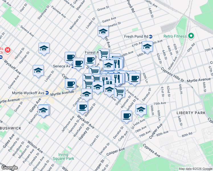 map of restaurants, bars, coffee shops, grocery stores, and more near 927 Onderdonk Avenue in Queens