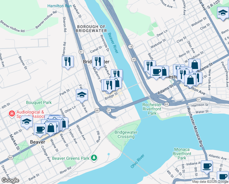 map of restaurants, bars, coffee shops, grocery stores, and more near 124 Bridge Street in Beaver