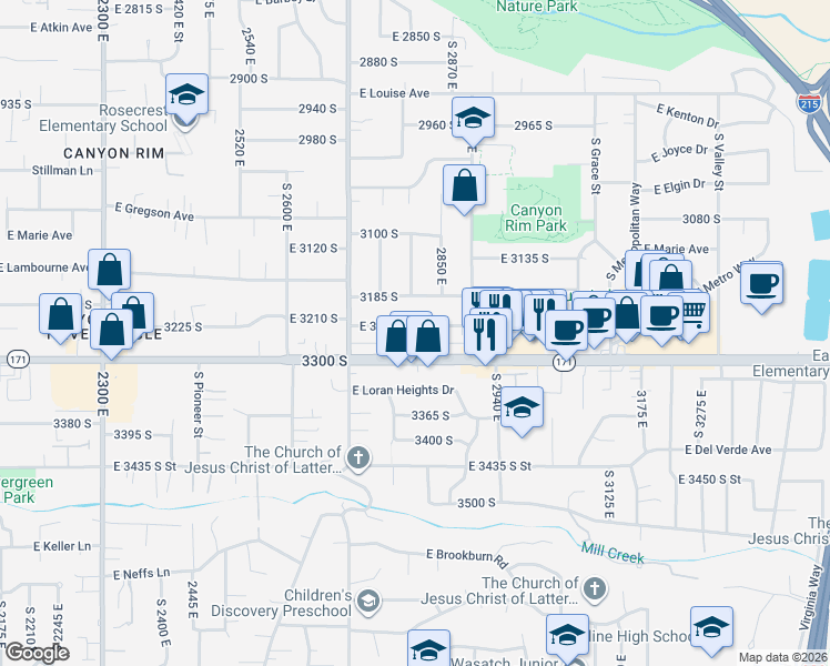 map of restaurants, bars, coffee shops, grocery stores, and more near 2808 East 3220 South in Salt Lake City
