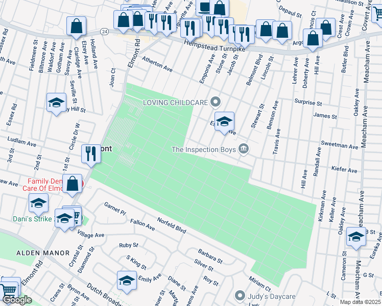 map of restaurants, bars, coffee shops, grocery stores, and more near 292 Jacob Street in Elmont