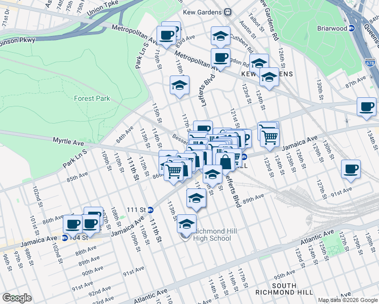 map of restaurants, bars, coffee shops, grocery stores, and more near 85-59 116th Street in Queens